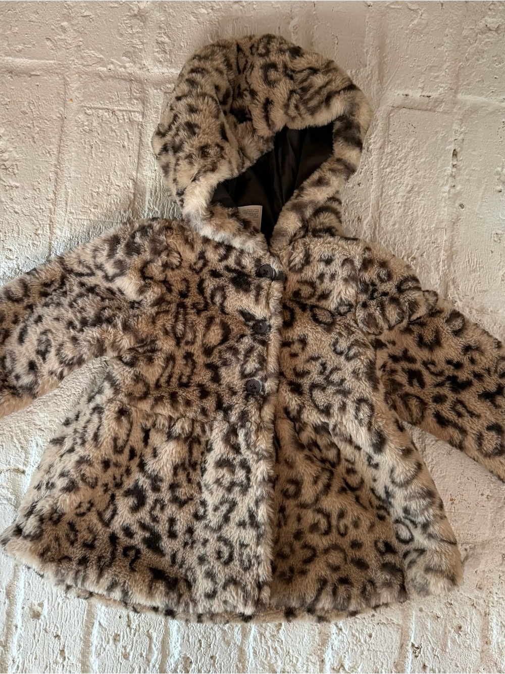 First Impressions Girls Faux Fur Leopard Hooded Coat - Beige/Black